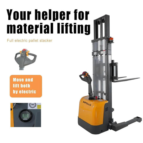 Apollo 3300 Lb Capacity Full Electric Stacker With 98 Inch Lifting Height powered straddle forklift with controls and lifted forks.
