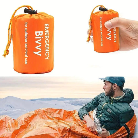 Emergency Sleeping Bag Portable Thermal Bivy Sack Waterproof Lightweight Survival Gear for cold weather preparedness.
