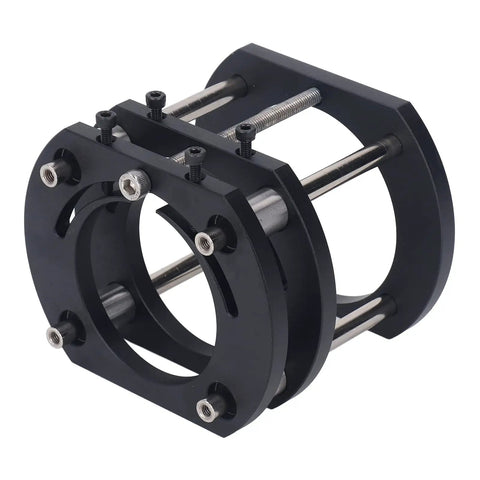 Workhorse Four Jaw Router Lift Table construction detail showing black aluminum alloy milling mount for precision woodworking.