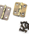 Mini Retro Metal Hinges Set 30 Pcs Bronze Antique Finish With Mounting Screws For Jewelry Boxes Gift Boxes Dollhouses Cabinets And Do It Yourself Projects 13 X 12 Mm 4 Holes, showing two hinges and screws.