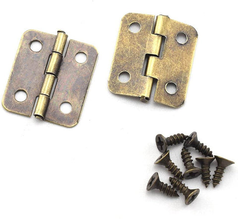 Mini Retro Metal Hinges Set 30 Pcs Bronze Antique Finish With Mounting Screws For Jewelry Boxes Gift Boxes Dollhouses Cabinets And Do It Yourself Projects 13 X 12 Mm 4 Holes, showing two hinges and screws.