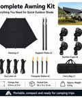 Complete Portable Car Side Awning 210D Blackout Oxford Canopy Shelter Quick Suction Cup Setup with poles, stakes, and carry bag.