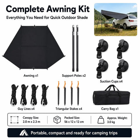 Complete Portable Car Side Awning 210D Blackout Oxford Canopy Shelter Quick Suction Cup Setup with poles, stakes, and carry bag.