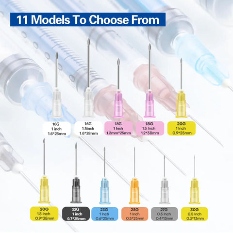 11 models of disposable Luer Lock needles in various sizes with individual packaging for lab and industrial use