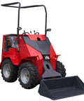 Red Mini Skid Steer Loader With Wear Resistant Tires And Foldable Pedals Backhoe Attachment For Construction Jobs Industrial Sites