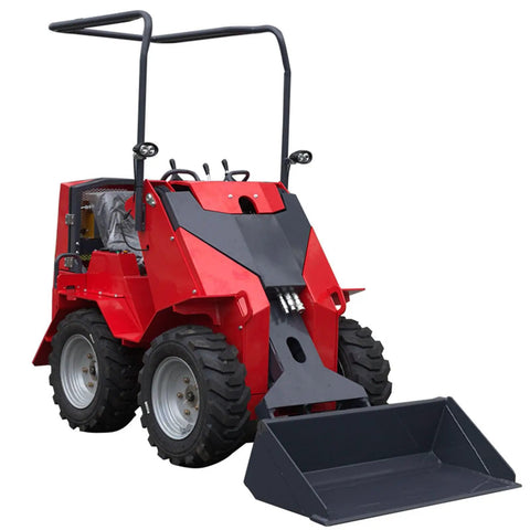 Red Mini Skid Steer Loader With Wear Resistant Tires And Foldable Pedals Backhoe Attachment For Construction Jobs Industrial Sites