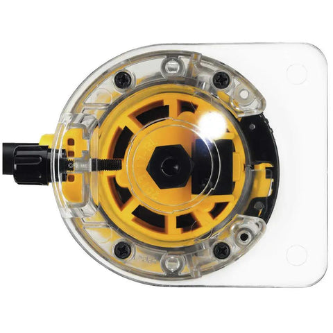Base of Beast 4.5 Amp Variable Speed Laminate Trimmer With One Quarter Inch Collet, clear plastic and yellow component visible