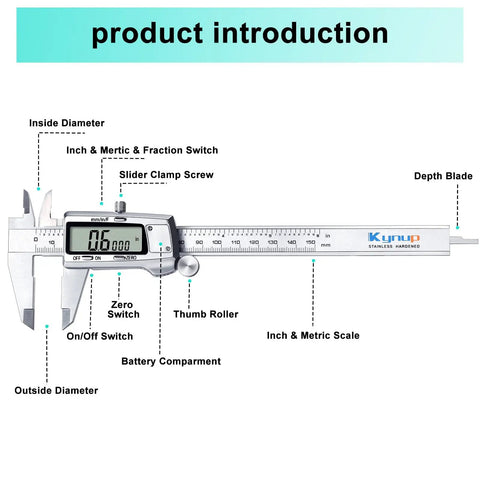 Digital Caliper With Large LCD Screen For Precise Measurements, Stainless Steel Vernier Micrometer Caliper, Switch Between Inch, Metric, And Fraction, 6 Inch And 150 Mm, Auto Power Off, Handy For DIY, Woodworking, Metalworking Or Workshop Tasks with labeled components
