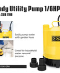 One Sixth Horsepower Portable Submersible Utility Pump For Home Flood Cleanup with garden hose, 1100 GPH, yellow design