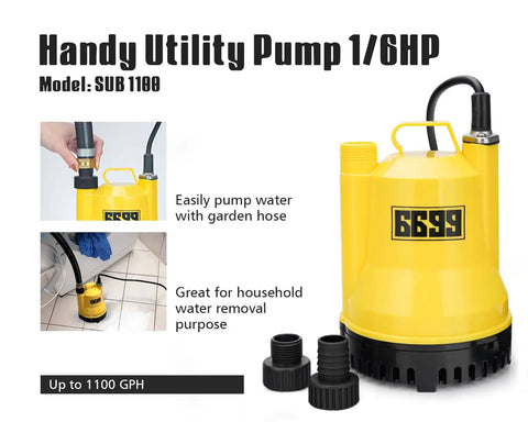 One Sixth Horsepower Portable Submersible Utility Pump For Home Flood Cleanup with garden hose, 1100 GPH, yellow design