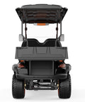 Four Seater Electric Golf Cart With Forty Eight Volt Battery And Full Weatherproof Body Rolls Tight To Sixteen Mph Plus Five Hour Fast Charging with black rear view.