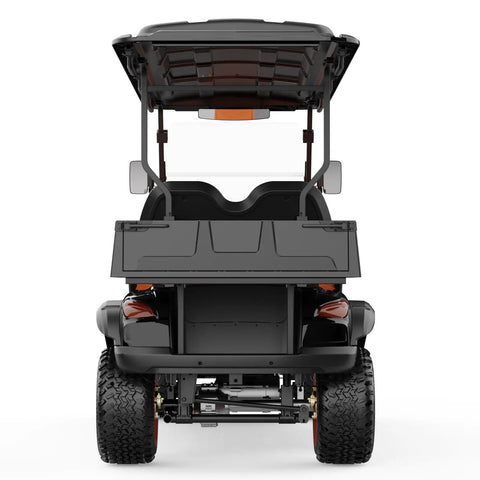 Four Seater Electric Golf Cart With Forty Eight Volt Battery And Full Weatherproof Body Rolls Tight To Sixteen Mph Plus Five Hour Fast Charging with black rear view.