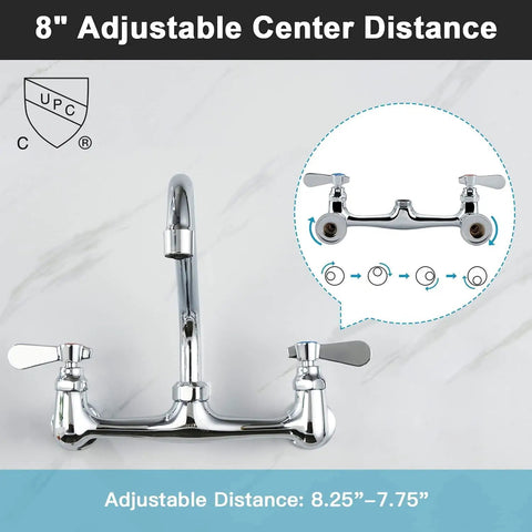 8 Inch Center Wall Mount Commercial Kitchen Faucet with Dual Handles, Adjustable Center Spacing for Restaurant Sinks
