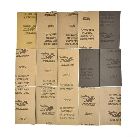 Dope Wet And Dry Sandpaper Kit Silicon Carbide 15 Pack 400 To 3000 Grit Assorted sheets displayed flat