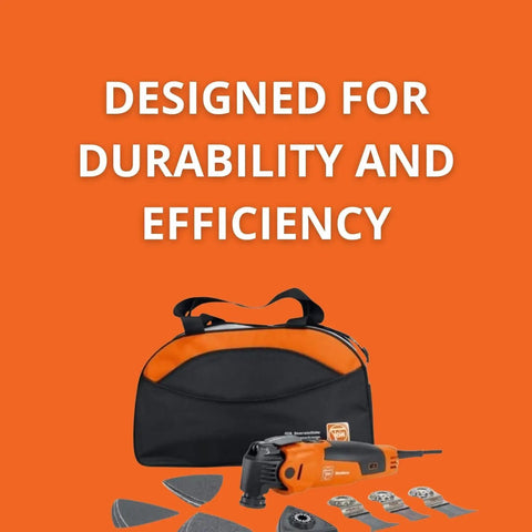 Beast Of An Oscillating Tool Kit For Interior Renovation With 350W Motor, in bag with various attachments on display.