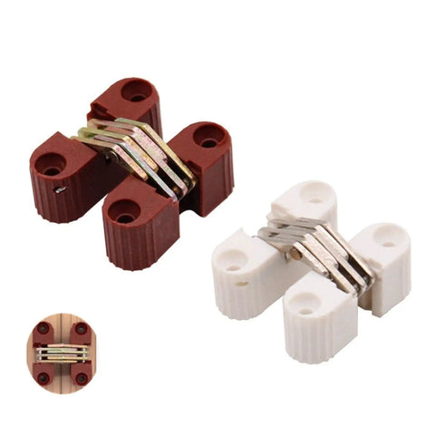4 Piece Rock Solid White Hidden Hinges 33X11Mm Foldable Cross Hinges For Doors Windows Furniture Table Repair Heavy Duty Plastic With Reinforced Core Non Fading Coating Plug And Play Setup For Quick Fixes, featuring red and white hinges.