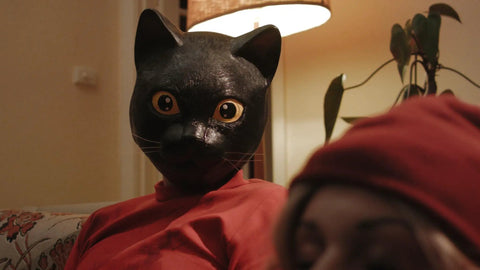 Person in black cat mask and red outfit sitting in lamplit room, Cat Sick Blues Blu Ray Region Free Edition A Dark Gripping Gritty Indie Drama About Grief After A Cat Dies As A Man Falls Into Delusion And Obsession This Mind Bending Nightmarish Tale Delivers Raw Emotional Intensity And Sharp Cinematic Mood