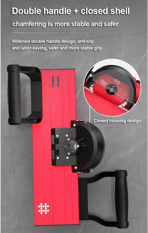 Built Tough 45 Degree Electric Tile Chamfering Machine With Adjustable Spacer Plates And Dual Water Spout, featuring double handles.