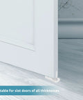 Eight Piece White Sliding Closet Door Floor Guides For Bypass And Pocket Doors Made From Durable POM Material Floor Mounted Barn Door Track Guides With Adjustable Height To Prevent Door Swing Includes Screws in use.