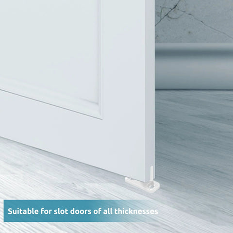 Eight Piece White Sliding Closet Door Floor Guides For Bypass And Pocket Doors Made From Durable POM Material Floor Mounted Barn Door Track Guides With Adjustable Height To Prevent Door Swing Includes Screws in use.