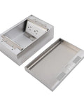 No Hassle Recessed Floor Electrical Outlet Kit Sporting Four Slick Power Sockets Forged From Heavy Duty Stainless Steel, featuring open housing.