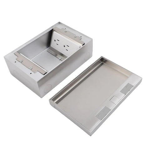 Game Changing Recessed Floor Electrical Outlet Kit Crafted From Premium Stainless Steel with open cover and sealed outlet.