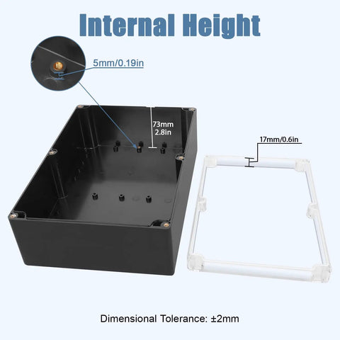 Rock Solid Ip65 Waterproof Project Box Abs Plastic Electronic Enclosure Tough As Nails Junction Case For Wet Weather Outdoor Wiring And Heavy Duty Diy Projects Ten Point Three By Seven Point One By Three Point Seven Inches Single Pack internal height measurements displayed.