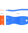 4 Pcs Plastic Razor Blade Scraper Set With 120 Blades for Label Decal Removal, showing blue handle and orange blade dimensions