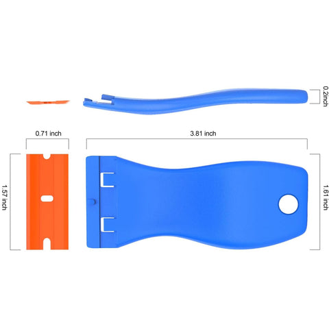 4 Pcs Plastic Razor Blade Scraper Set With 120 Blades for Label Decal Removal, showing blue handle and orange blade dimensions