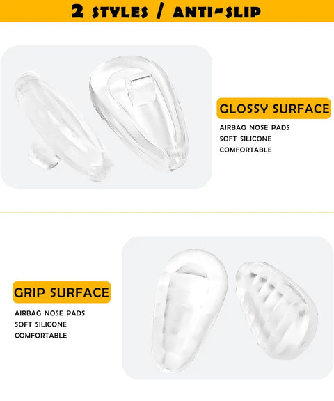 Right Up Your Alley Clear Silicone Nose Pads For Oakley Shades And Eyeglasses, Zero Slip Grip With Complete Driver Kit, Six Pairs Solid Builds. Two styles of soft silicone nose pads displayed.