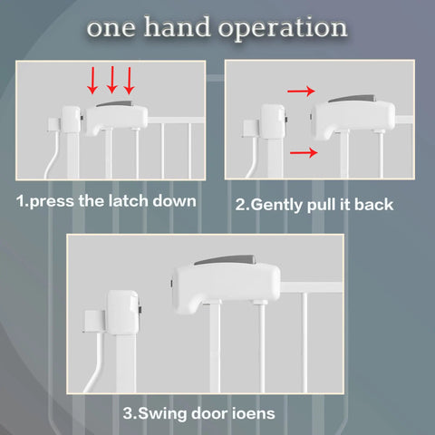 Instructions for using the one hand open feature of Extra Wide Pet Gate For Stairs And Doorways With Walk Through Design, 37.4 Inches Tall, Pressure Mounted Safety Gate, Double Lock System For Dogs Cats And Babies, Black Metal Frame, Easy One Hand Open, Durable Indoor Gate.
