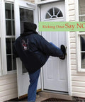 Person demonstrating force against door secured by Lock It Down Home Security Door Lock Set 2 Pack Child Proof Reinforcement Locks