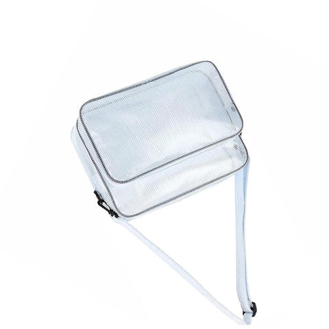 15 Point 7 Inch Transparent Anti Static Cleanroom Engineer Shoulder Bag With Adjustable Strap Durable Abrasion Resistant Pvc Tool Hauler in clear PVC material.
