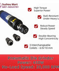 Pro Shop Air Straight Die Grinder Cranks Hot At Twenty Thousand Rpm With Rear Exhaust And Locked Collet System For Swift Grinding. Image shows grinder, 3 collets.