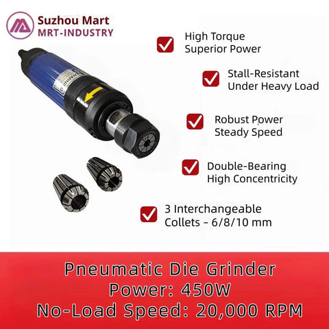 Pro Shop Air Straight Die Grinder Cranks Hot At Twenty Thousand Rpm With Rear Exhaust And Locked Collet System For Swift Grinding. Image shows grinder, 3 collets.