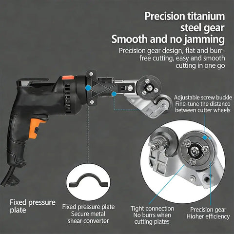 Titanium Drill Nibbler Sheet Metal Cutter Attachment With Adapter shows precision steel gear for smooth cutting with adjustable features.