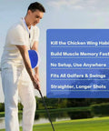 Golfer using Golf Swing Training Ball with Forearm Connection and Correction Band for consistent impact, blue foam ball, outdoors.