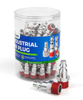 Durable 1/4 Inch Pneumatic Male Plug Connector Fits Air Hose Systems Fast Connects With Zinc Plated Alloy Steel For Heavy Duty Use At Up To 300 Psi, pictured in storage jar