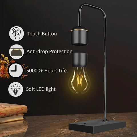 Lit Magnetic Levitating Light Bulb Lamp With Black Base demonstrating LED features and modern design.