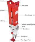 Handheld Seed Planter Transplanter Tool for Gardens with labeled parts for efficient planting, durable plastic construction.