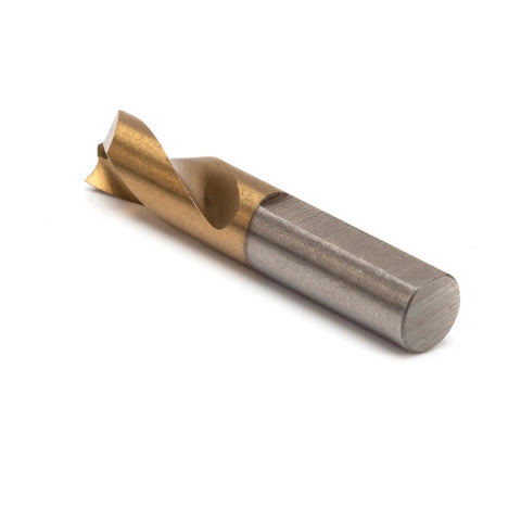 Shop-Ready Spot Weld Drill Bit Set 8mm And Five Sixteenth Inch Pro Grade High Speed Cobalt Steel With Titanium Coating shown at an angle.