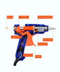 Cutaway view of Mini Hot Glue Gun Kit 20W with internal components labeled, showing trigger and nozzle, for DIY arts and crafts