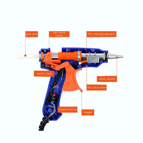 Cutaway view of Mini Hot Glue Gun Kit 20W with internal components labeled, showing trigger and nozzle, for DIY arts and crafts