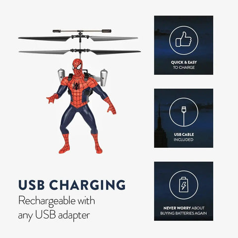 Spider Man Infrared RC Helicopter Jetpack Flying Figure With LED Lights Twin Rotors Action Phrases Marvel Licensed Hero Toy For Kids Eight And Up At Home with USB charging highlight