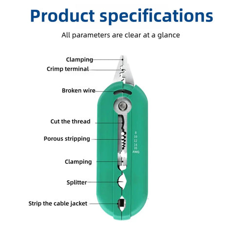 High Quality Oumefar Wire Strpper 8-16 AWG Multi Functional Electrical Tool showing product specifications and features for effective use.