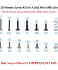 BambuLab A1 A1 Mini AMS Lite 3D Printer Screws Kit with various screw sizes and springs shown, not compatible with P1P P1S P2 series