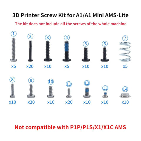 BambuLab A1 A1 Mini AMS Lite 3D Printer Screws Kit with various screw sizes and springs shown, not compatible with P1P P1S P2 series