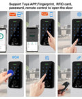 Smart WiFi Access Control Kit With IP68 Waterproof Fingerprint Keypad NC Latch Door Lock 125KHz RFID Fobs Exit Button And 12V 3A Power Supply For Tuya App showcasing versatility and app integration with five operational methods.