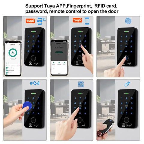 Smart WiFi Access Control Kit With IP68 Waterproof Fingerprint Keypad NC Latch Door Lock 125KHz RFID Fobs Exit Button And 12V 3A Power Supply For Tuya App showcasing versatility and app integration with five operational methods.