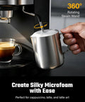 Professional Espresso Machine With Rapid Milk Frother And Pro Steam Wand For Silky Lattes And Bold Cappuccinos 15 Bar Pressurized Pump 1550 Watt Home Barista Kit For Your Daily Grind Squad using a 360° steam wand to create microfoam.